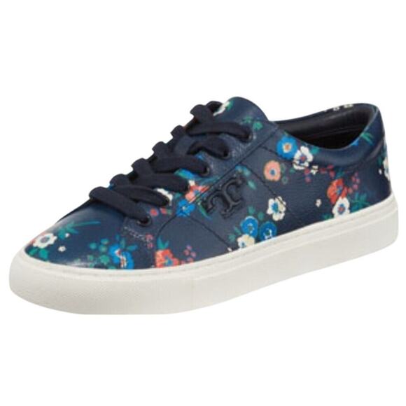 Tory Burch Amelia Floral Print Leather Sneakers Blue Multi-Color Sneakers 8.5M - Picture 1 of 6